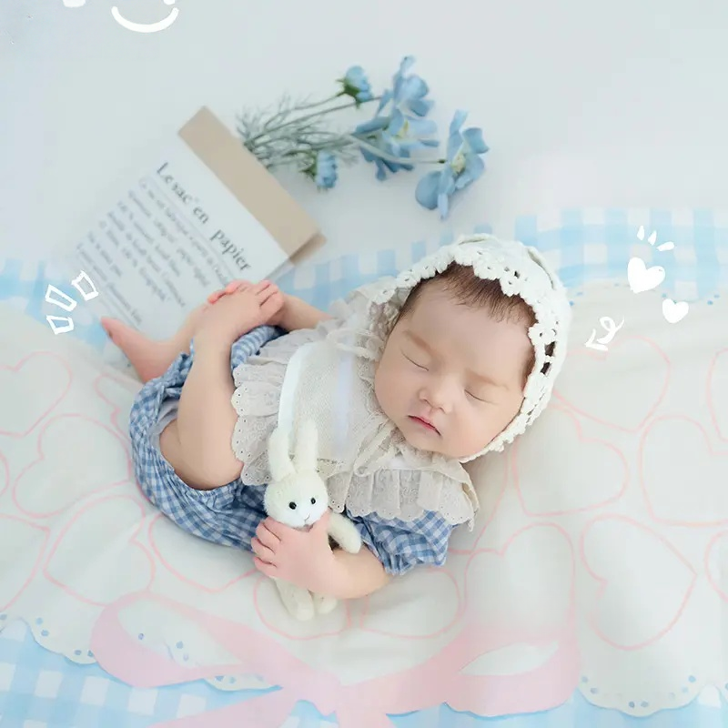 Blue Plaid Outfit Floral Set - Newborn Photography Props - Image 2